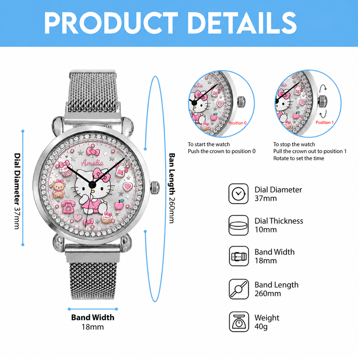 Personalized Pink Bow Cat hand Watch – Custom Name Gift for Her