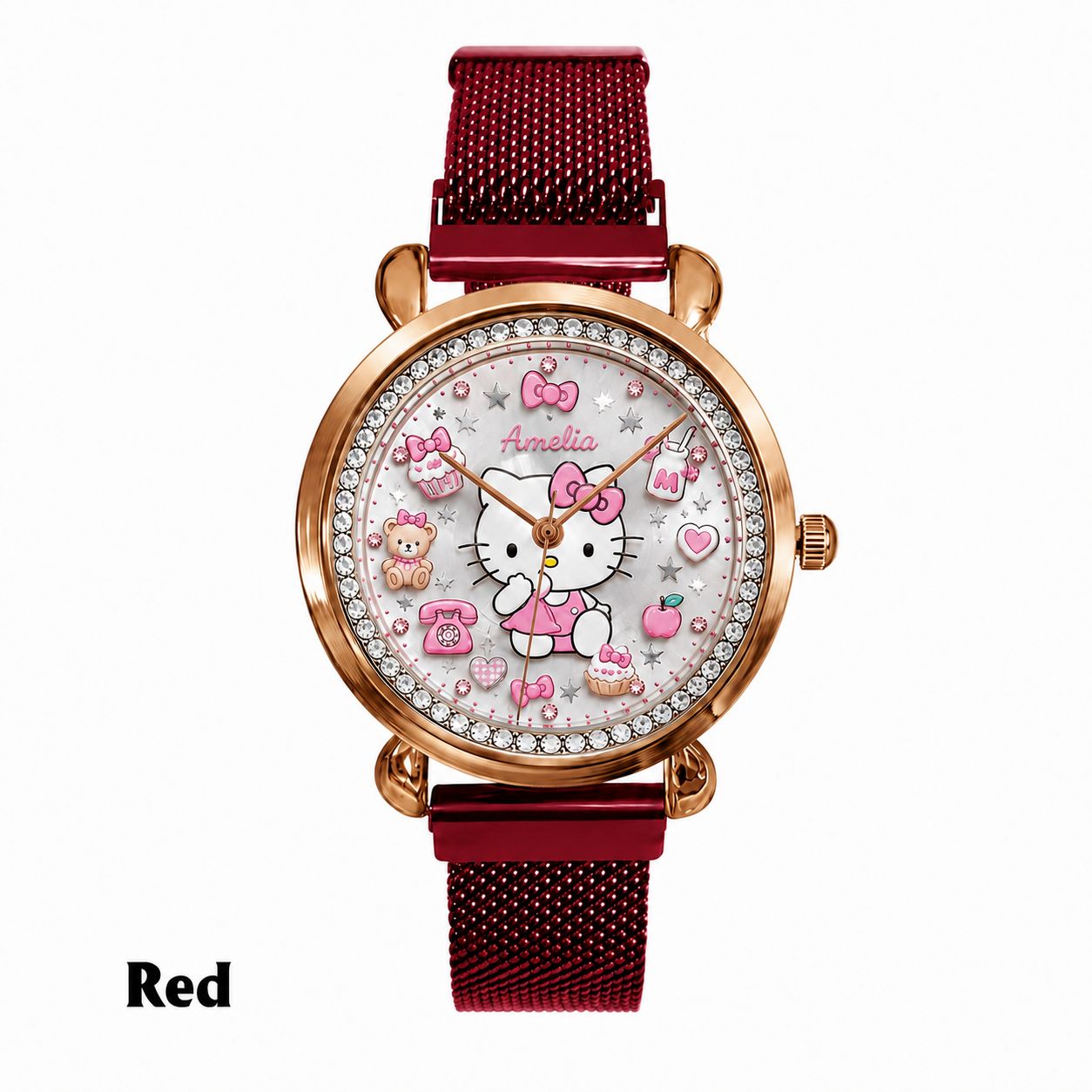 Personalized Pink Bow Cat hand Watch – Custom Name Gift for Her