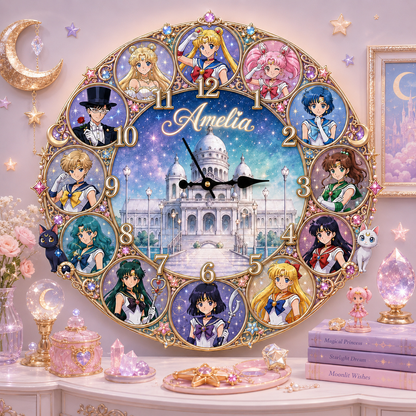 Personalized Magical Girl Acrylic Wall Clock – Custom Name Celestial Moon Anime Decor