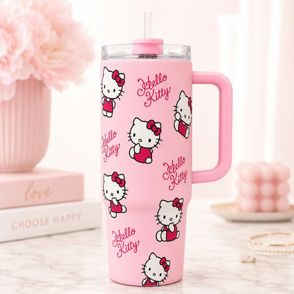 Personalized Cute Cartoon Cat Tumbler with Handle, Pink Insulated Travel Mug, Kawaii Style Gift for Her