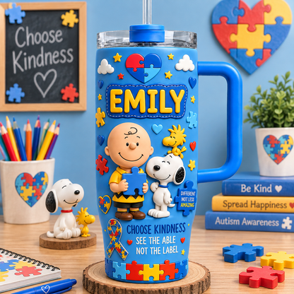 Autism Awareness Puppy & Friends Tumbler – Red Doghouse Travel Tumbler with Handle