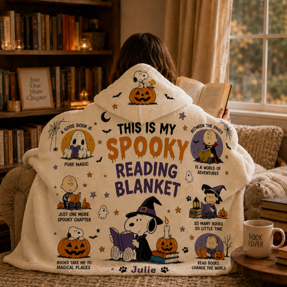 Personalized Cute Dog Spooky Reading Hooded Blanket, Halloween Book Lover Blanket Gift
