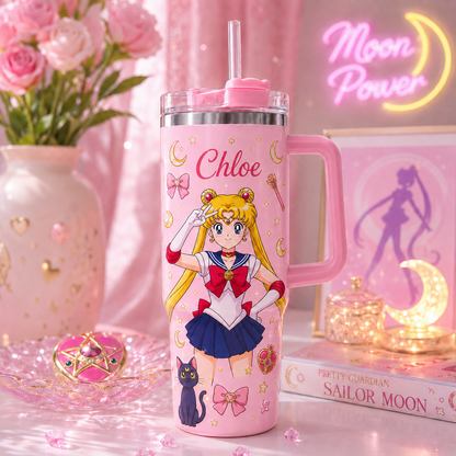 Personalized Moon Girl Travel Mug - Personalized Magical Girl Anime Tumbler with Handle