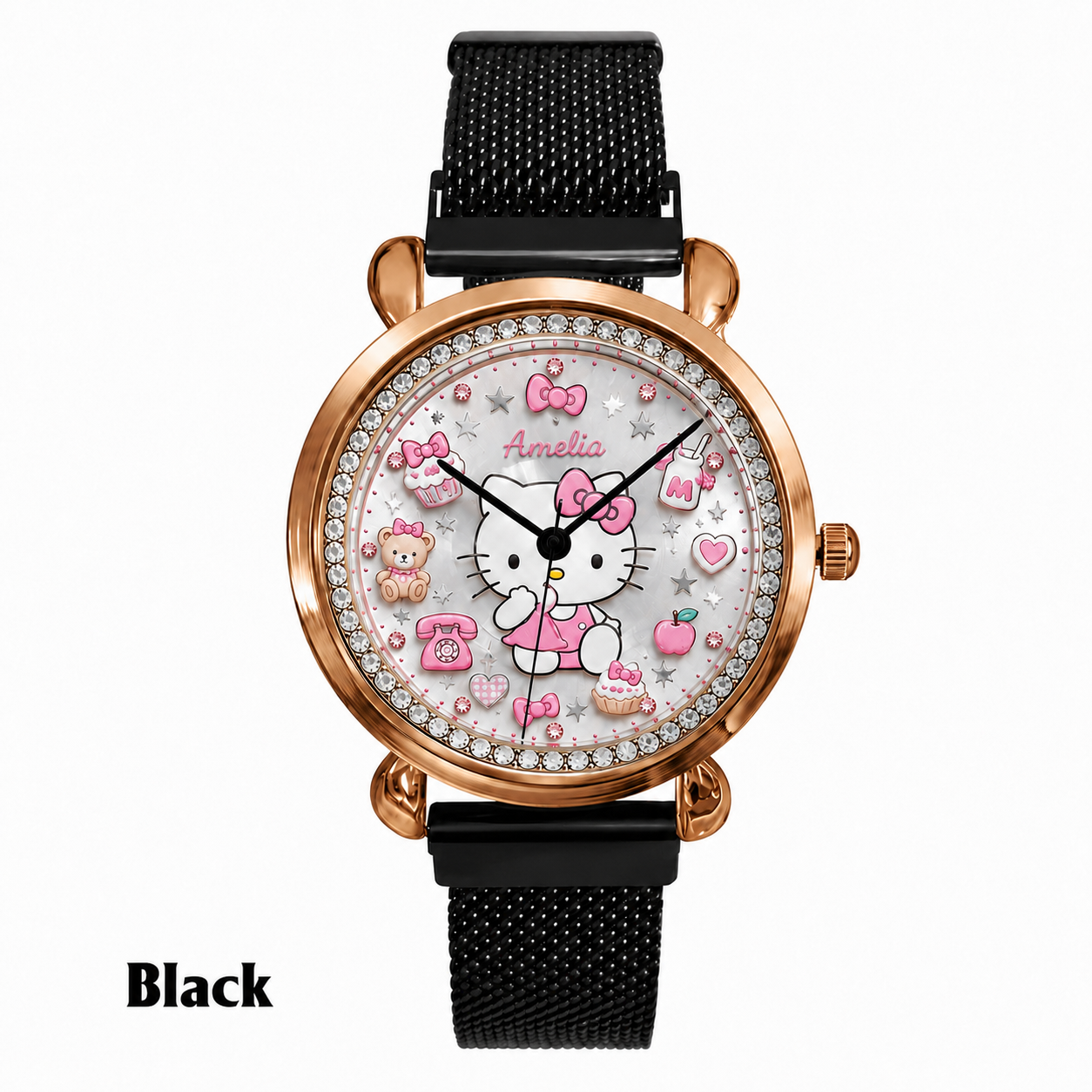 Personalized Pink Bow Cat hand Watch – Custom Name Gift for Her
