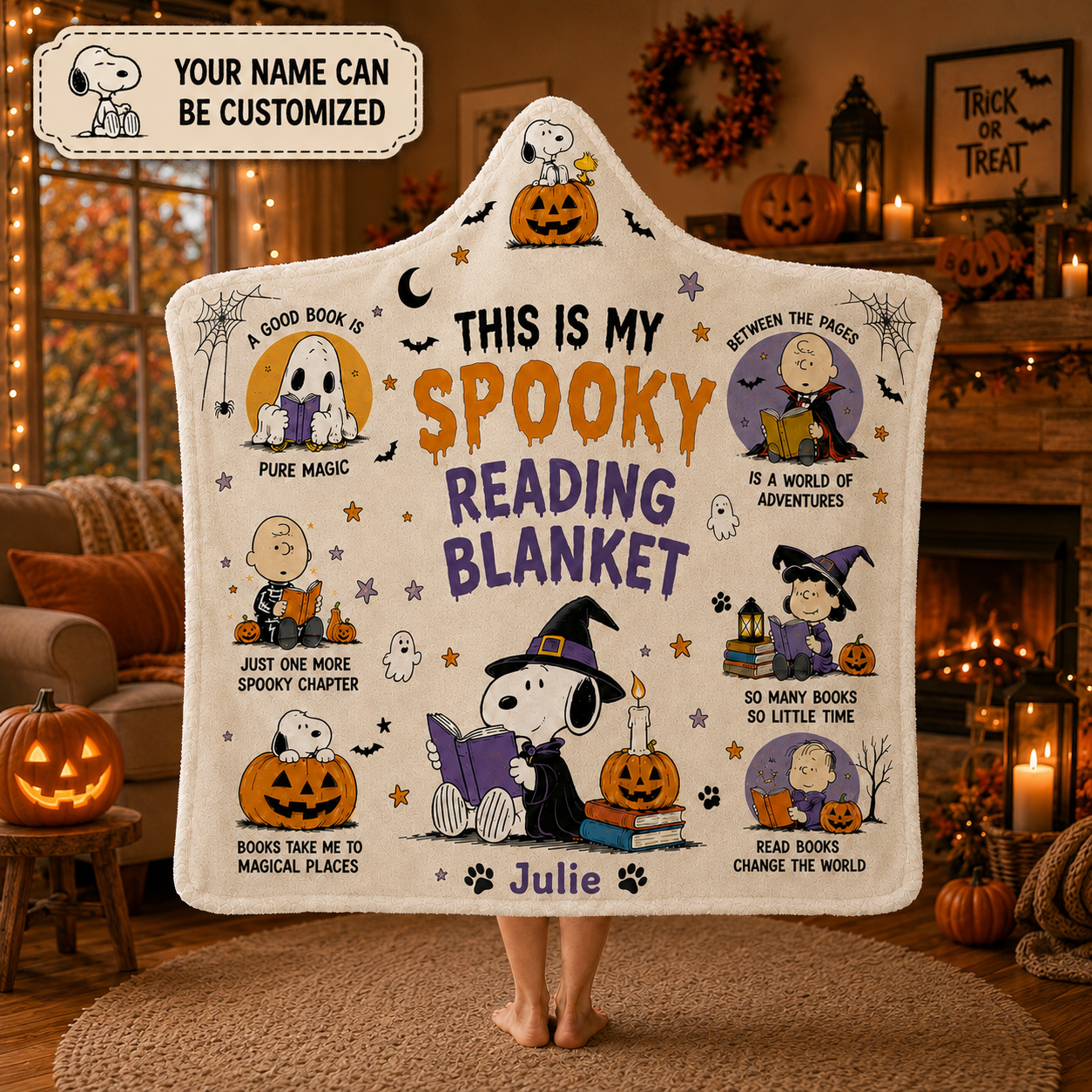 Personalized Cute Dog Spooky Reading Hooded Blanket, Halloween Book Lover Blanket Gift