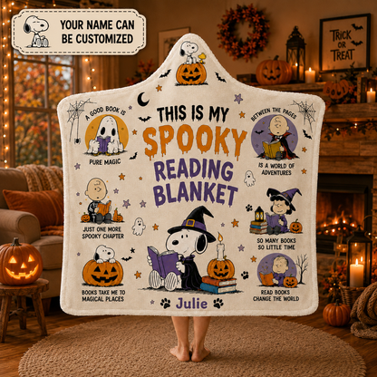 Personalized Cute Dog Spooky Reading Hooded Blanket, Halloween Book Lover Blanket Gift