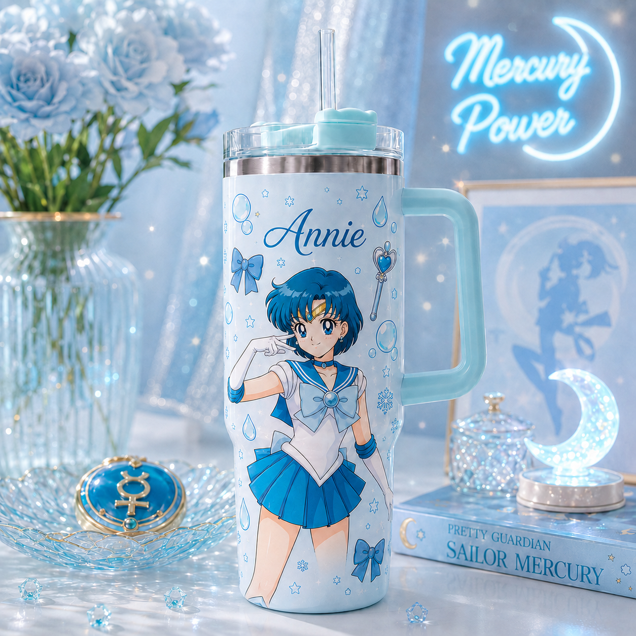 Personalized Moon Girl Travel Mug - Personalized Magical Girl Anime Tumbler with Handle