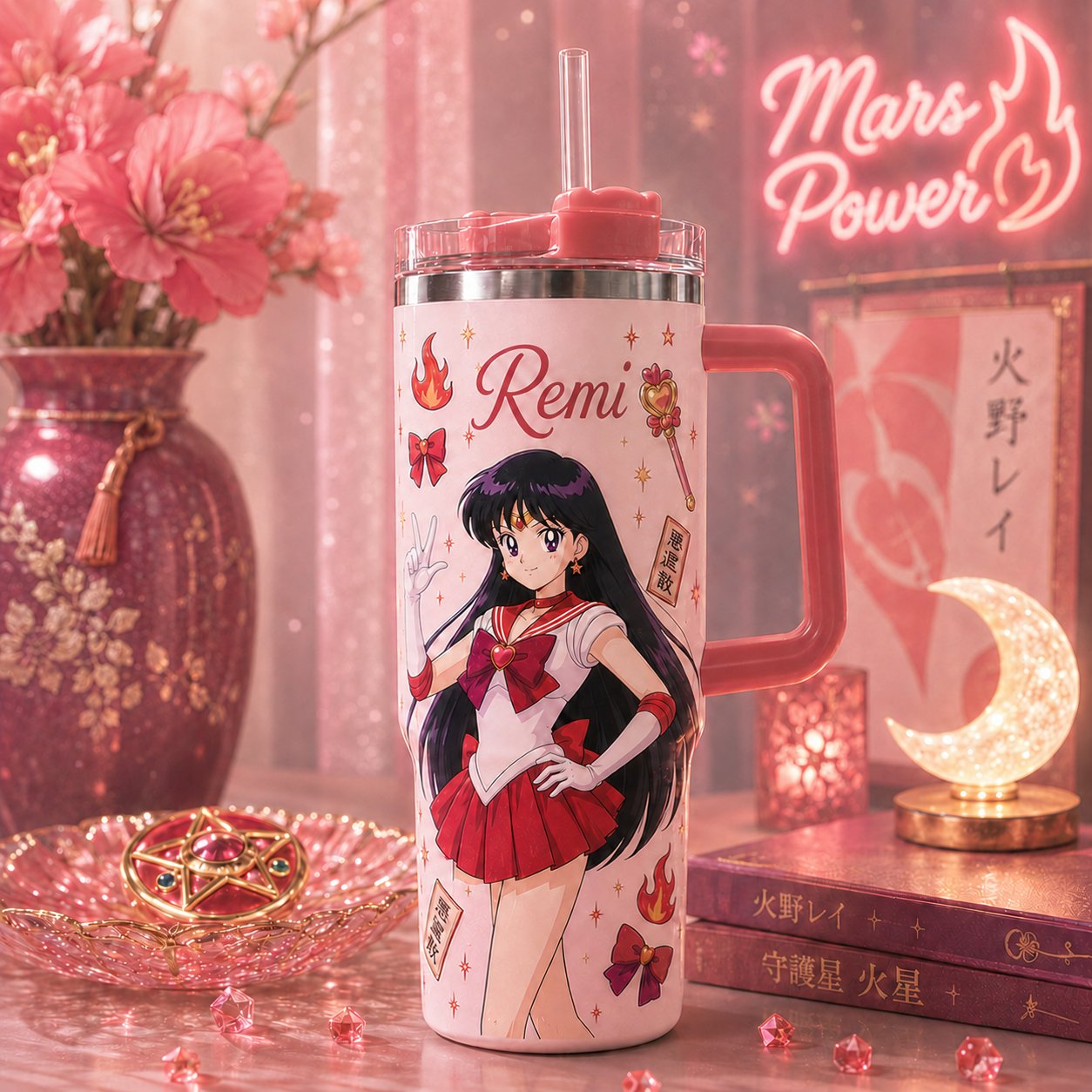 Personalized Moon Girl Travel Mug - Personalized Magical Girl Anime Tumbler with Handle