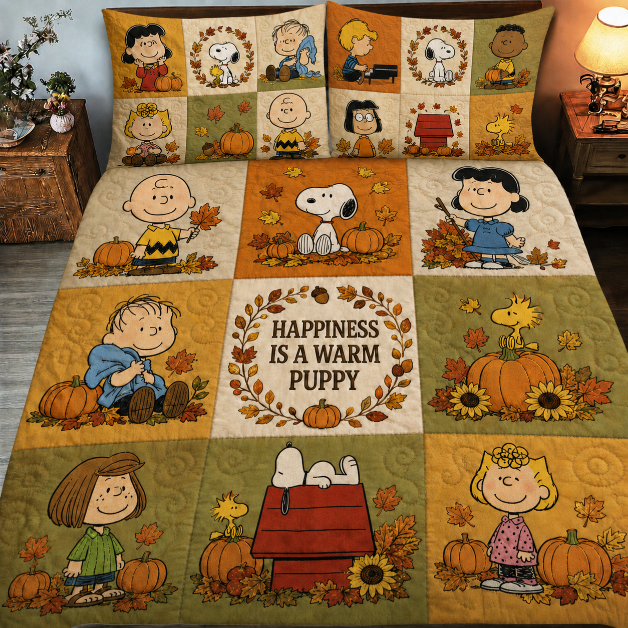 Autumn Puppy & Friends Quilt Set – Cozy Fall Puppy Cartoon Bedding Gift