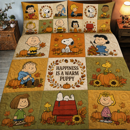 Autumn Puppy & Friends Quilt Set – Cozy Fall Puppy Cartoon Bedding Gift