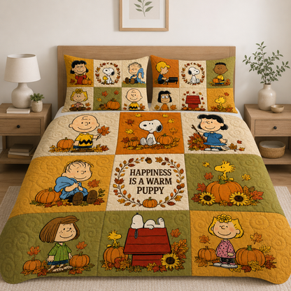 Autumn Puppy & Friends Quilt Set – Cozy Fall Puppy Cartoon Bedding Gift