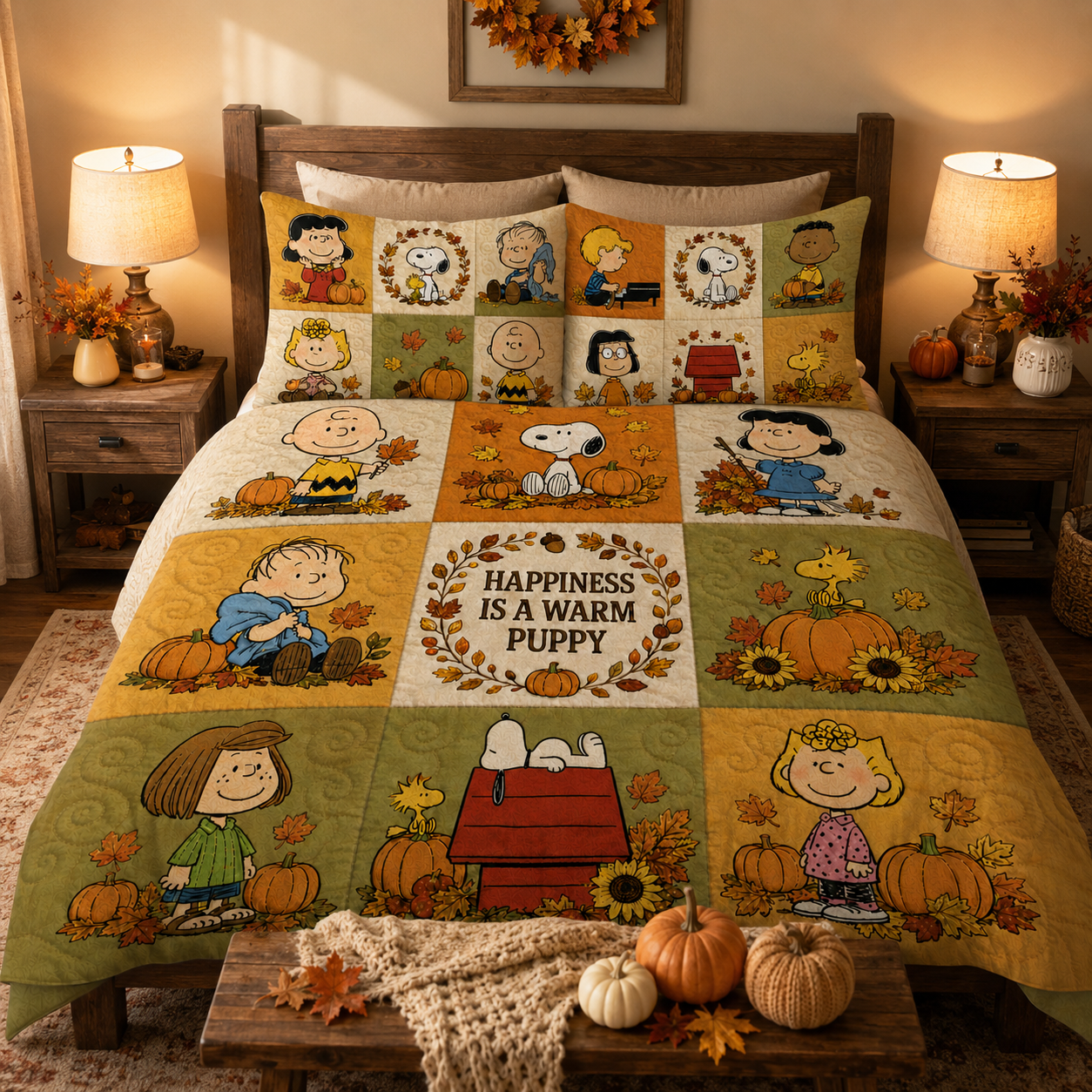 Autumn Puppy & Friends Quilt Set – Cozy Fall Puppy Cartoon Bedding Gift