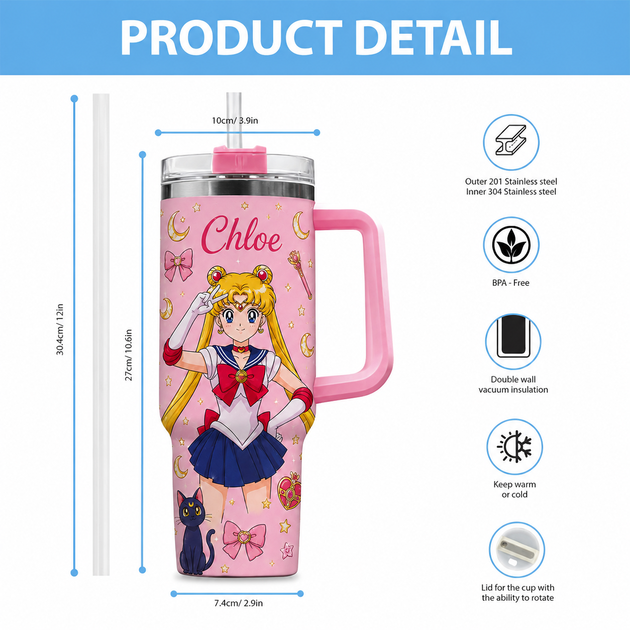 Personalized Moon Girl Travel Mug - Personalized Magical Girl Anime Tumbler with Handle