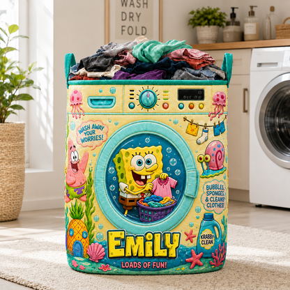 Personalized Ocean Friends Storage Basket - Custom Name Funny Quilt Laundry Basket