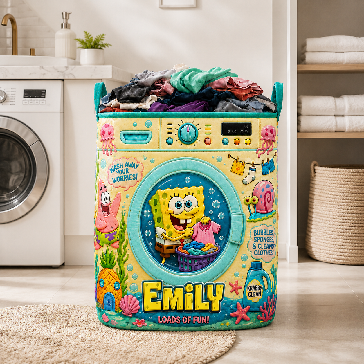 Personalized Ocean Friends Storage Basket - Custom Name Funny Quilt Laundry Basket