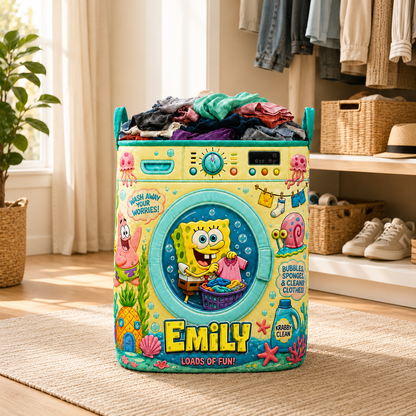 Personalized Ocean Friends Storage Basket - Custom Name Funny Quilt Laundry Basket