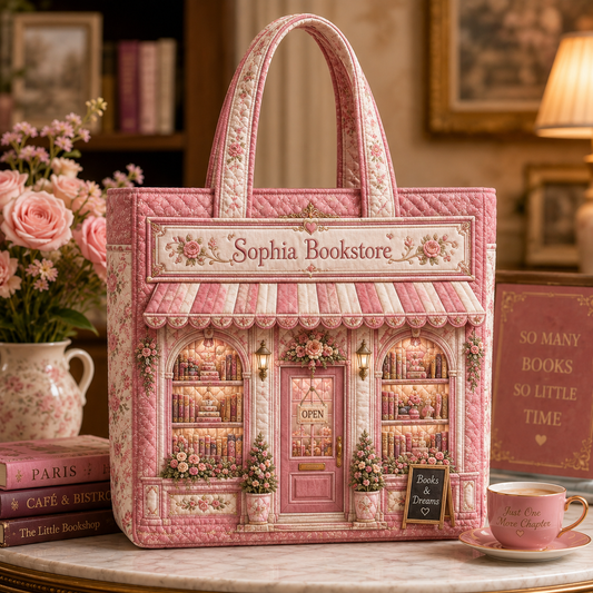 Personalized Pink Bookshop Bag - Custom Name Bookstore Quilted Tote Bag for Book Lover