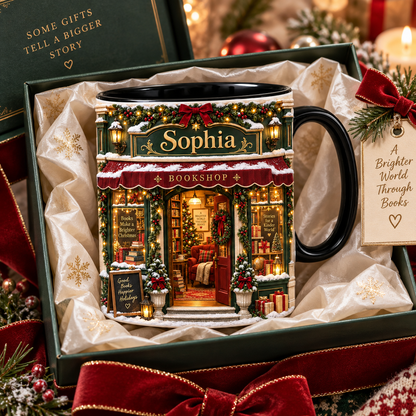 Personalized Christmas Bookstore Mug – Gift For Book Lovers Coffee Cup