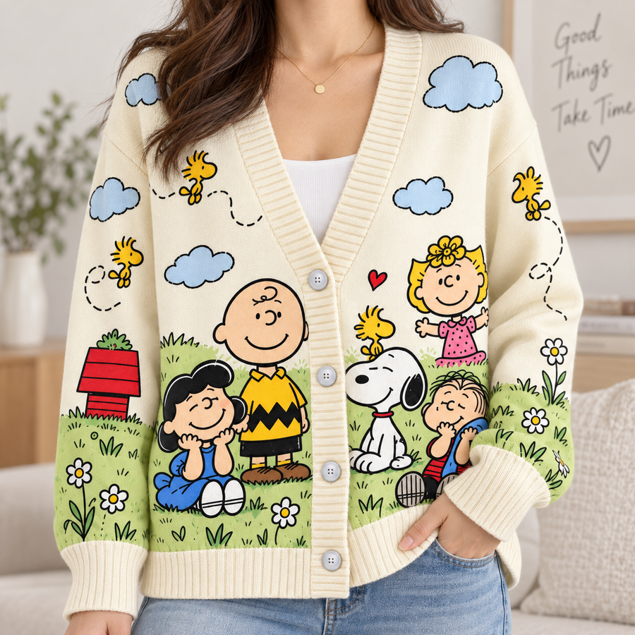 Classic Comic Friends Cardigan – Cute Puppy & Friends Knit Sweater