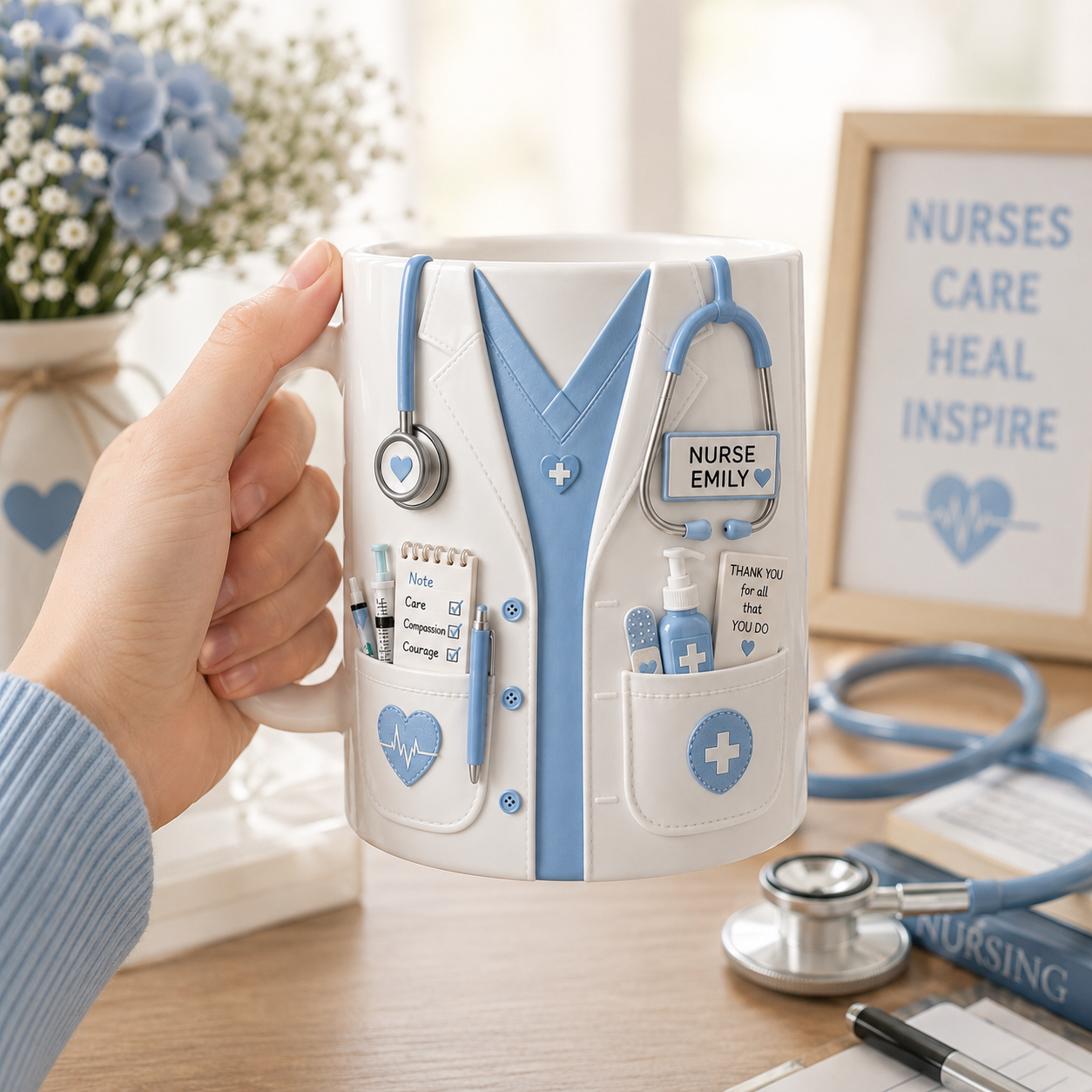 Personalized Blue Nurse Mug – Custom Name Nurse Coffee Cup Appreciation Gift