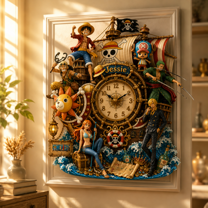 Personalized Anime Pirates Crew Wall Clock – Custom Name Straw Hat Decor