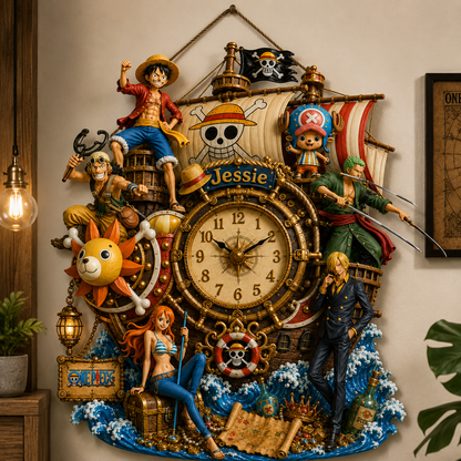 Personalized Anime Pirates Crew Wall Clock – Custom Name Straw Hat Decor