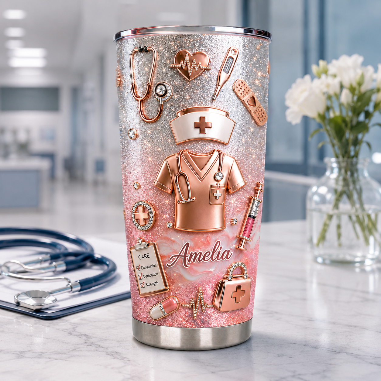 Personalize Pink Nurse Tumbler - Custom Name Nursing Tumbler