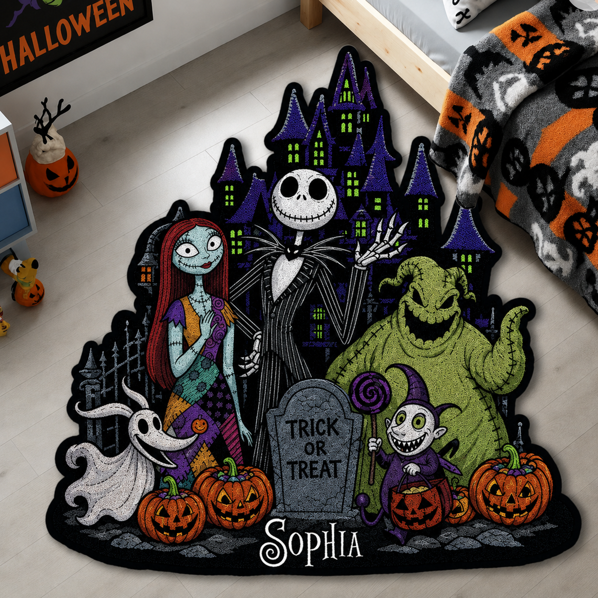 Personalized Nightmares Characters Tufted Rug – Custom Name Halloween Skeletons Doormat/Rug