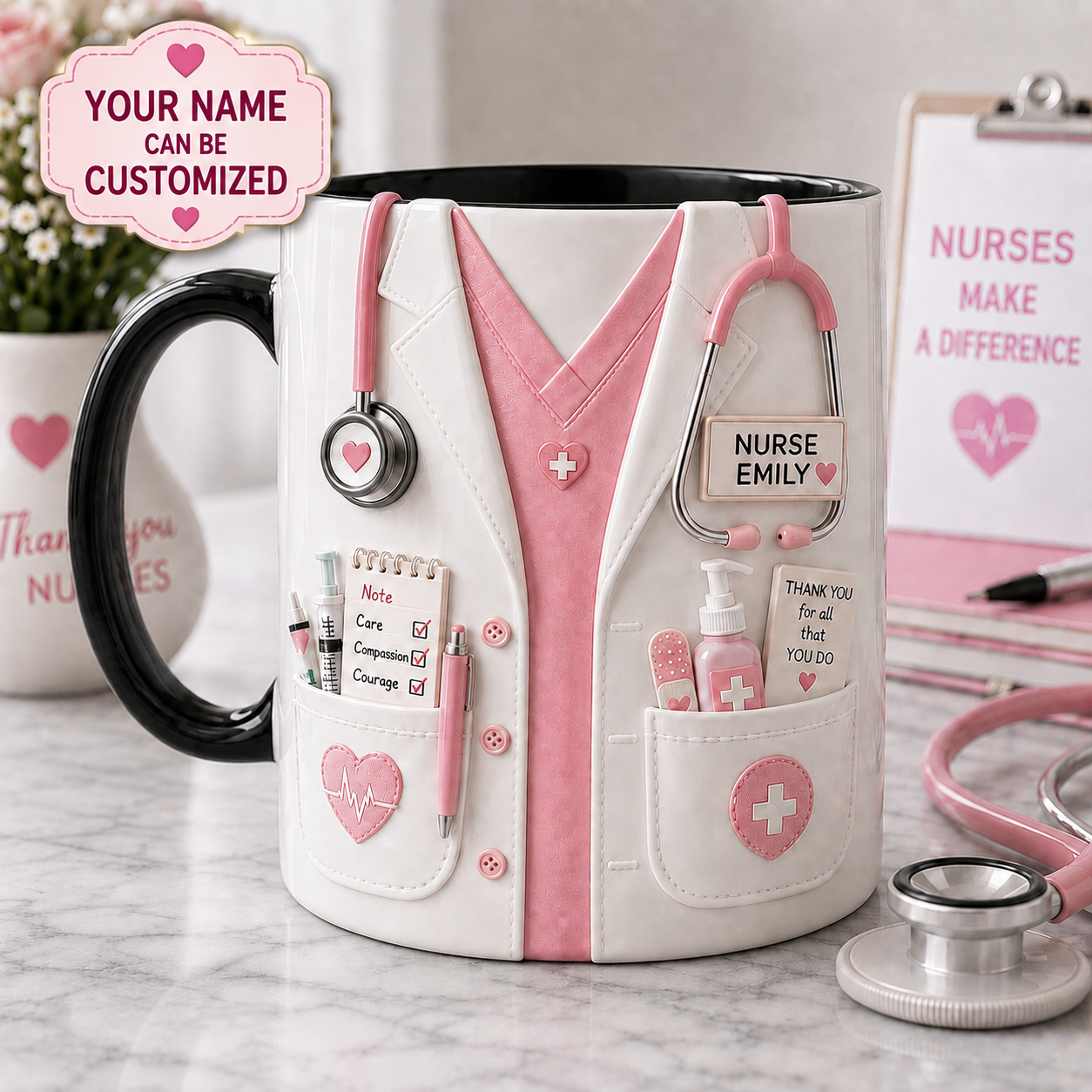 Personalized Pink Nurse Mug – Custom Name Nurse Coffee Cup Appreciation Gift