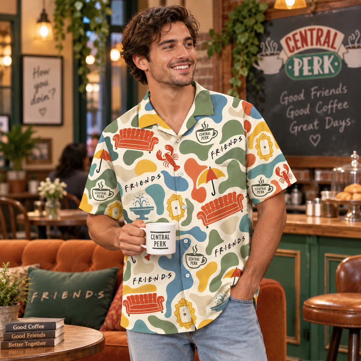 Retro Friends Coffeehouse Hawaiian Shirt - TV Show Inspired Button Up Shirt