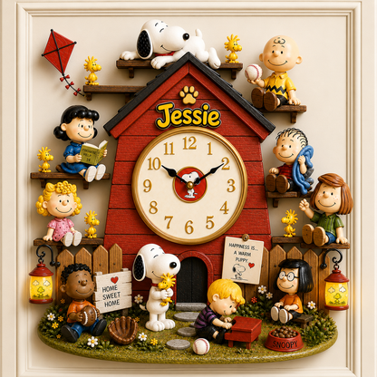 Personalized Classic Comic Friends Wall Clock – Custom Name Puppy & Friends Decor