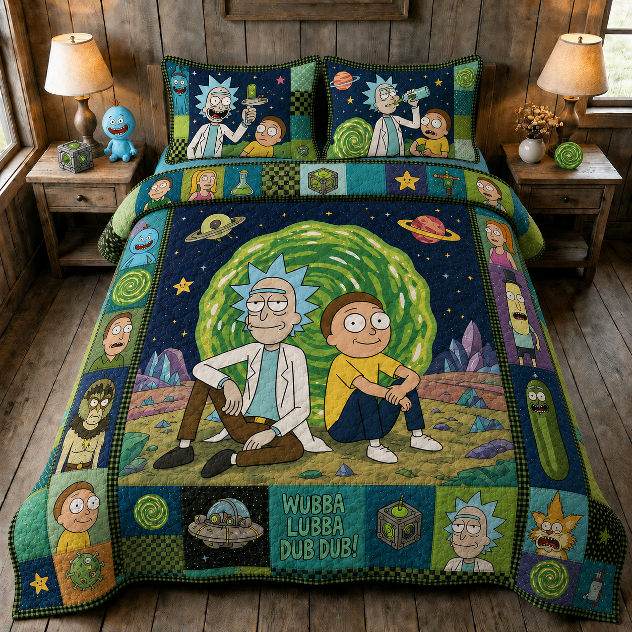 Sci-Fi Portal Adventure Quilt Bedding Set - Cartoon Galaxy Scientist & Sidekick Bedroom Decor