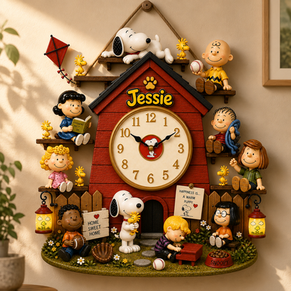 Personalized Classic Comic Friends Wall Clock – Custom Name Puppy & Friends Decor