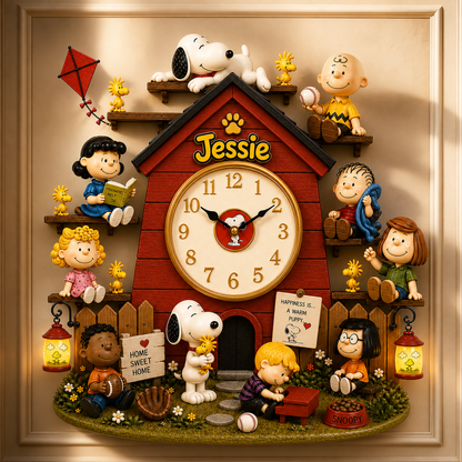Personalized Classic Comic Friends Wall Clock – Custom Name Puppy & Friends Decor