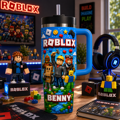 Personalized Block Game Tumbler with Handle – Custom Name Gamer Gift