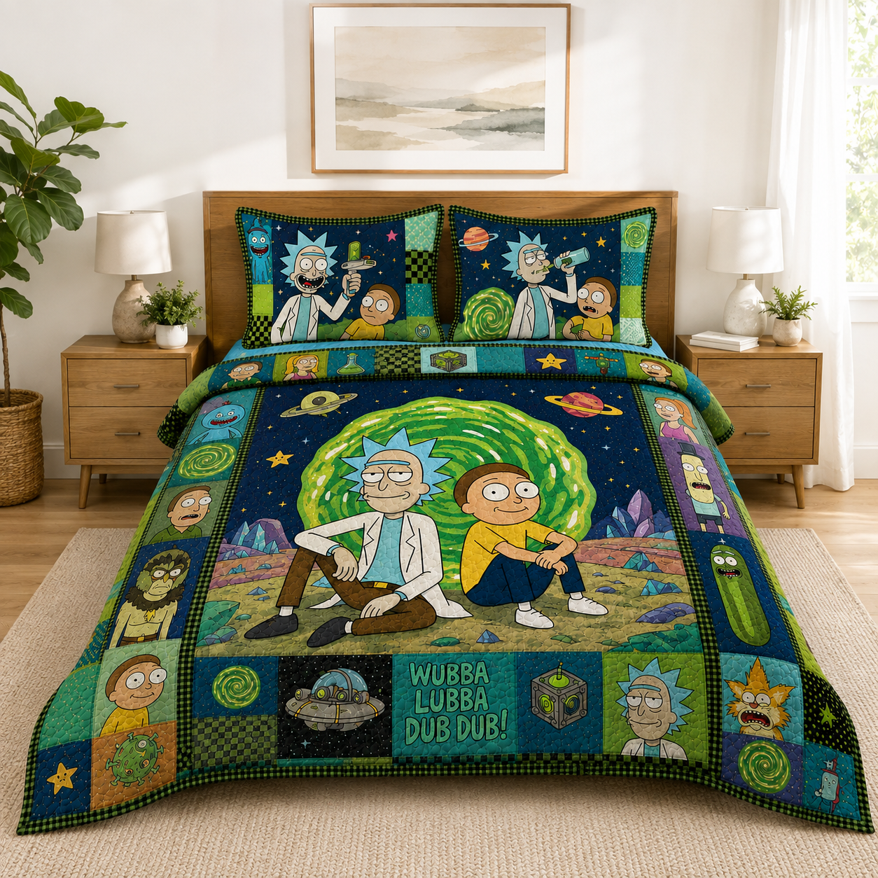Sci-Fi Portal Adventure Quilt Bedding Set - Cartoon Galaxy Scientist & Sidekick Bedroom Decor