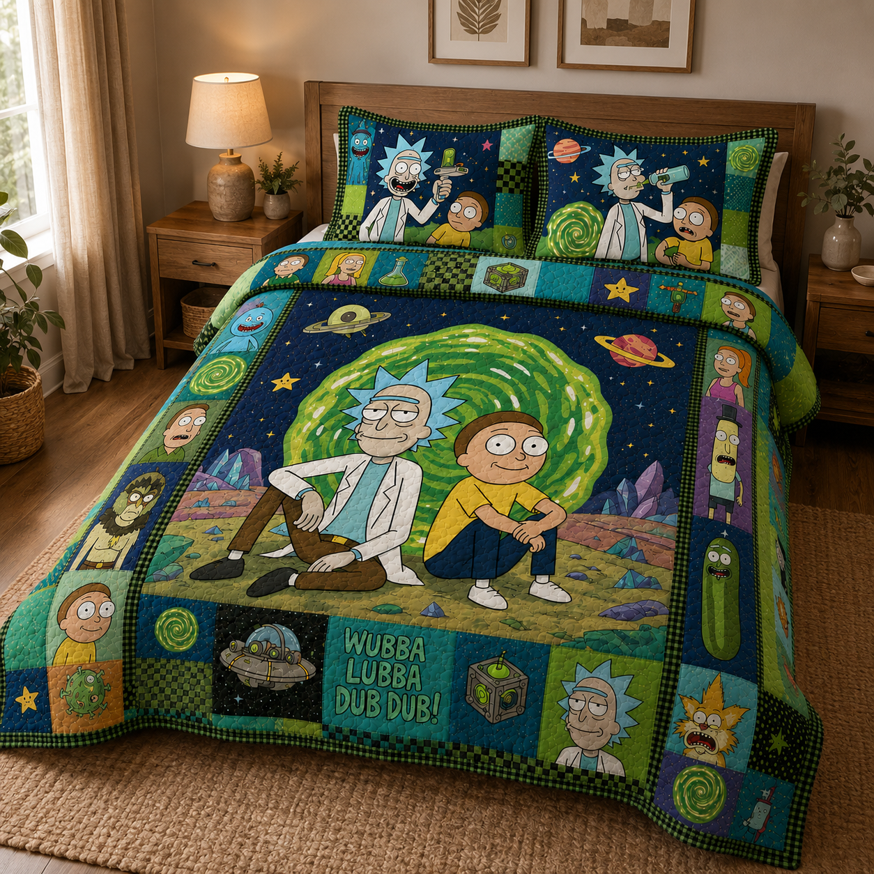 Sci-Fi Portal Adventure Quilt Bedding Set - Cartoon Galaxy Scientist & Sidekick Bedroom Decor