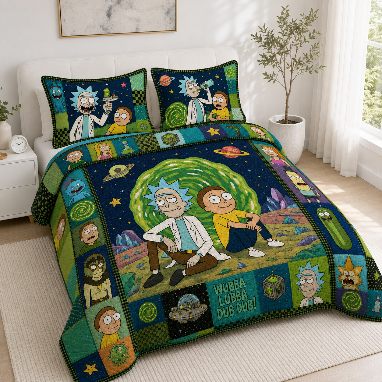 Sci-Fi Portal Adventure Quilt Bedding Set - Cartoon Galaxy Scientist & Sidekick Bedroom Decor
