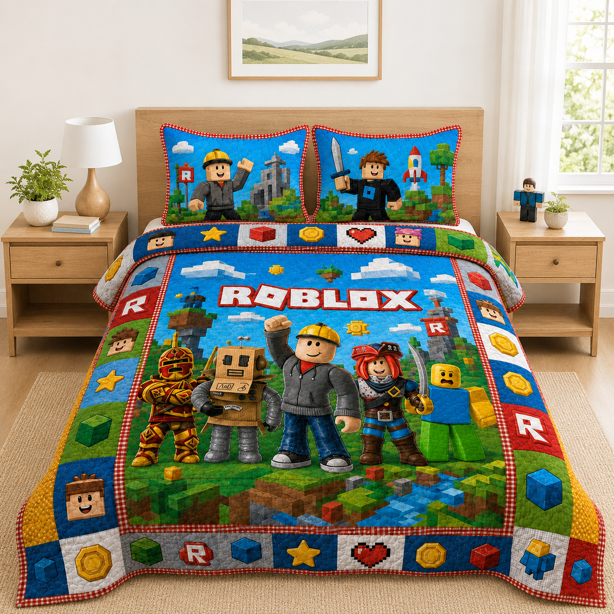 Pixel Block Adventure Quilt Bedding Set - Colorful Blocks Gamer World Bedroom Decor