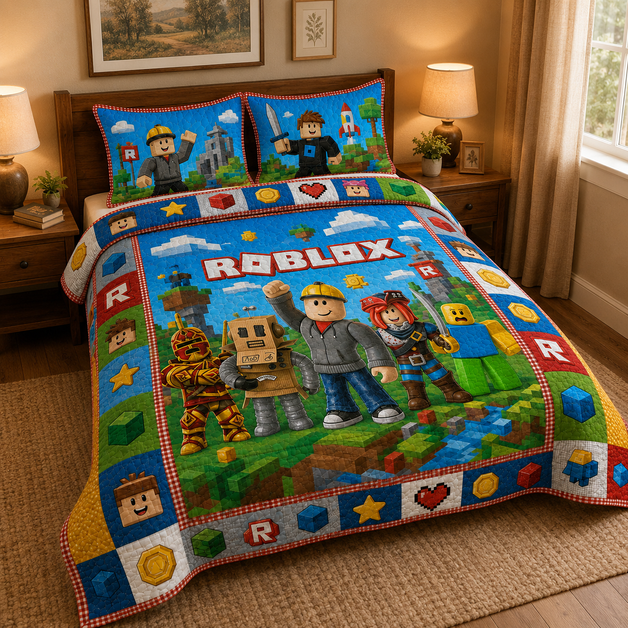 Pixel Block Adventure Quilt Bedding Set - Colorful Blocks Gamer World Bedroom Decor