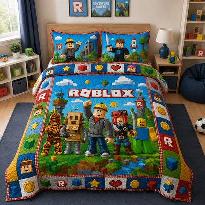 Pixel Block Adventure Quilt Bedding Set - Colorful Blocks Gamer World Bedroom Decor