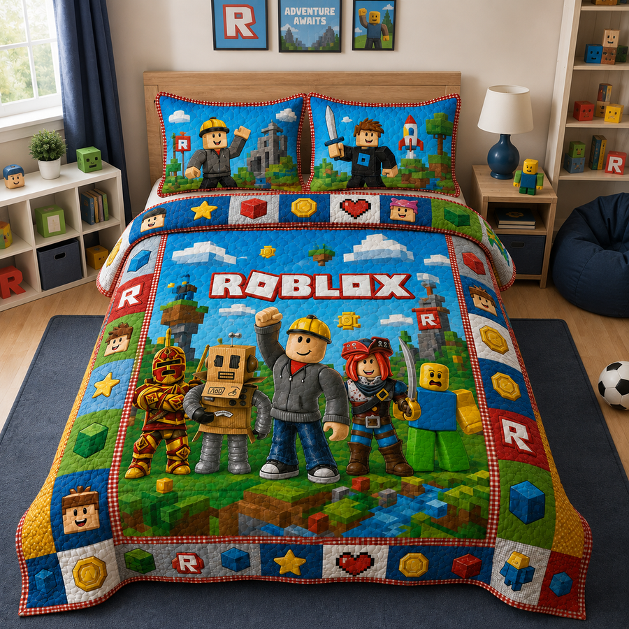 Pixel Block Adventure Quilt Bedding Set - Colorful Blocks Gamer World Bedroom Decor