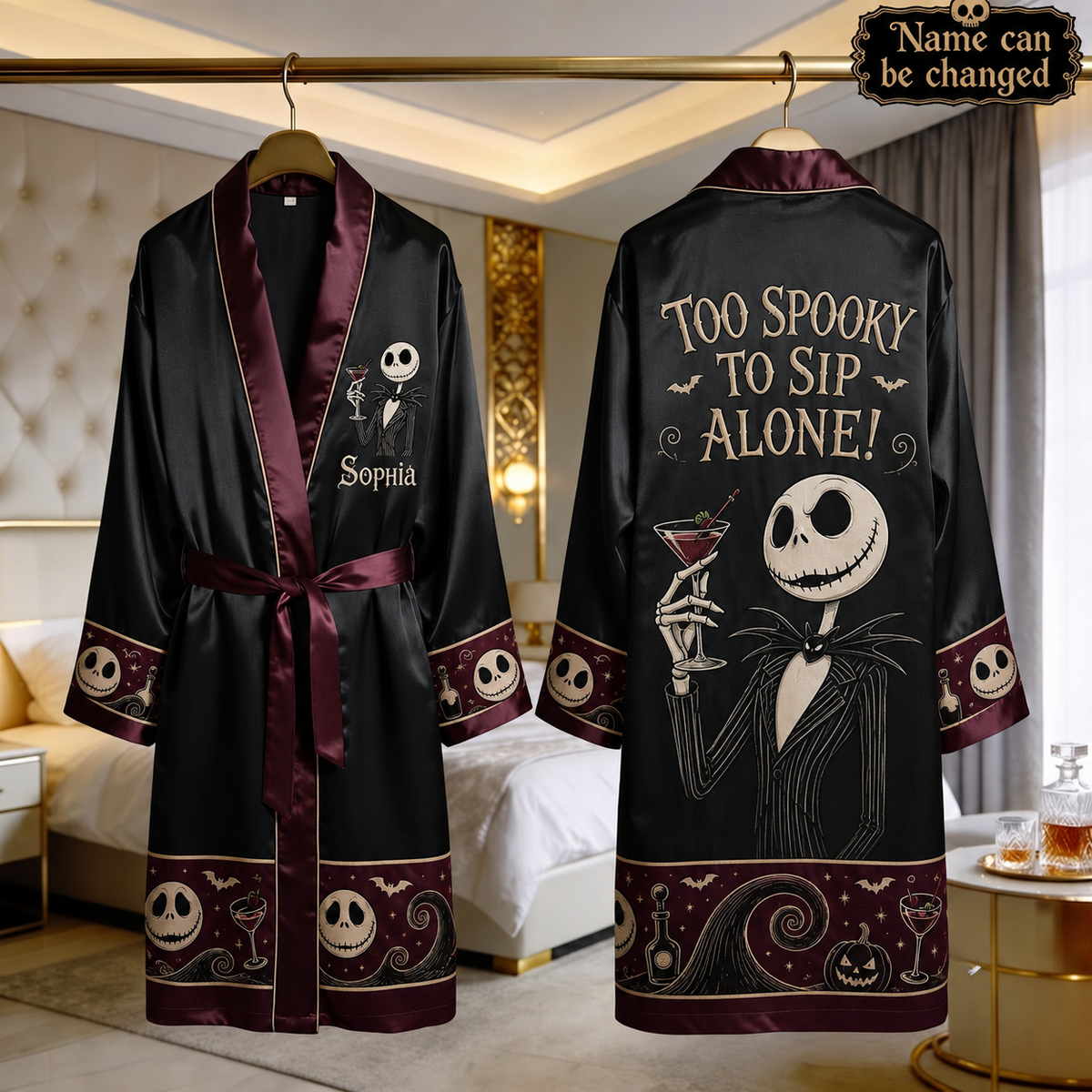 To Spooky To Sip Alone - Personalized Nightmare Skeleton Satin Robe