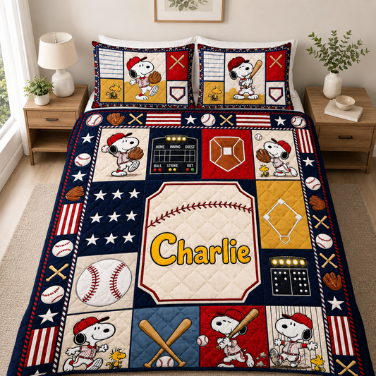 Personalized Baseball Classic Puppy Quilt Set – Cozy Comic Bedding Gift
