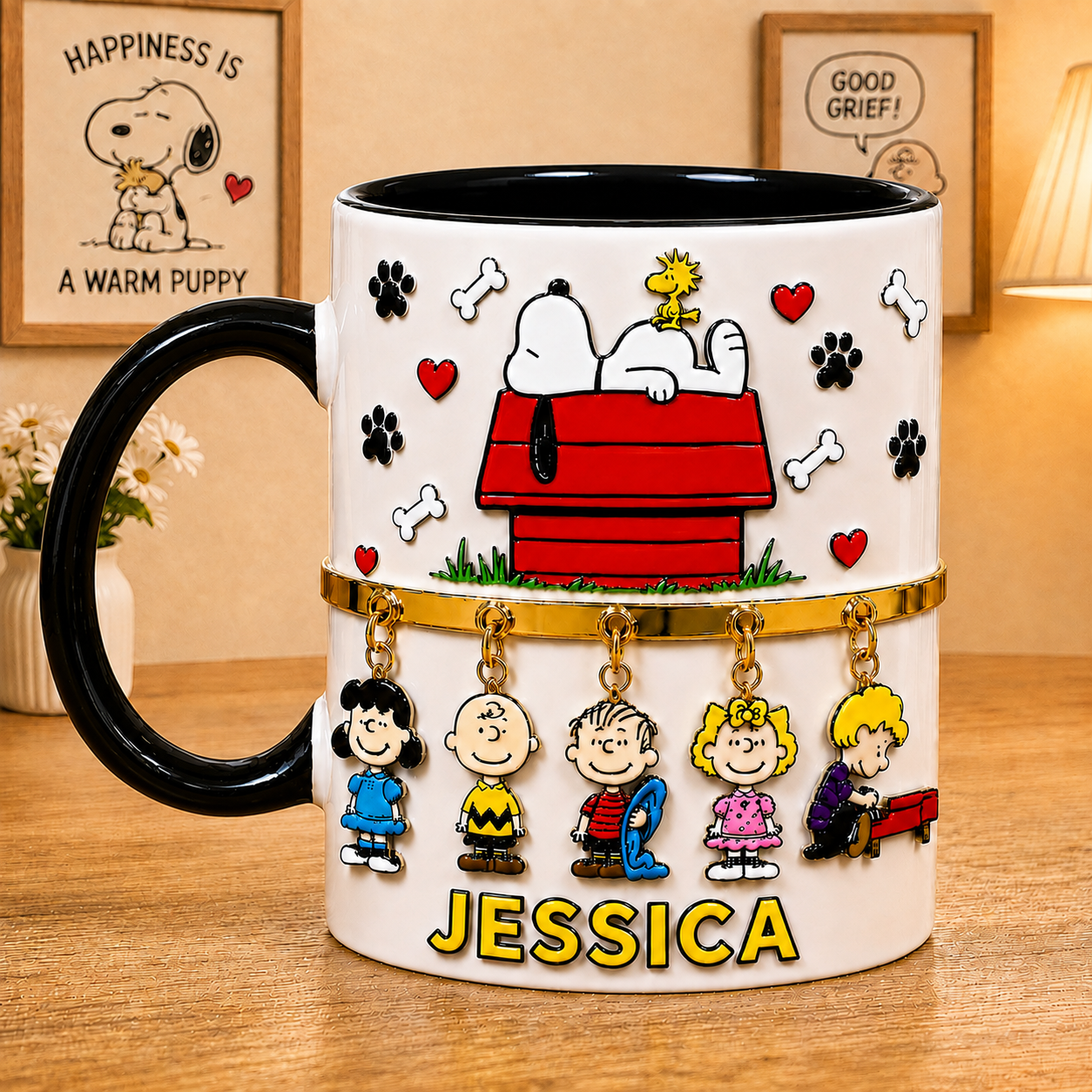 Personalized Cute Cartoon Dog Mug – Custom Name Dog & Friends Coffee Cup, Unique Gift for Her