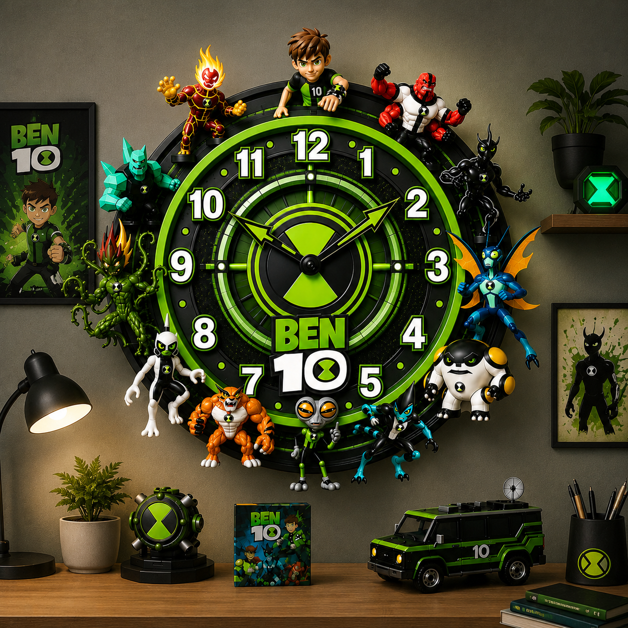 Alien Transformers Acrylic Hanging Wall Clock -Personalize Green Sci-Fi Character Clock