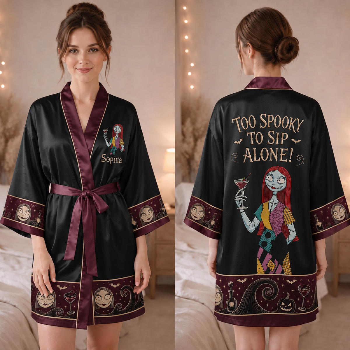 To Spooky To Sip Alone - Personalized Nightmare Skeleton Satin Robe