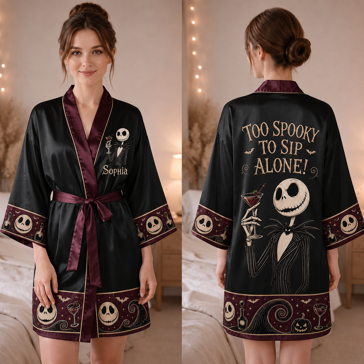 To Spooky To Sip Alone - Personalized Nightmare Skeleton Satin Robe