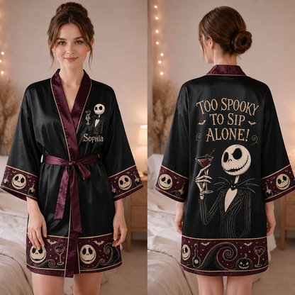 To Spooky To Sip Alone - Personalized Nightmare Skeleton Satin Robe