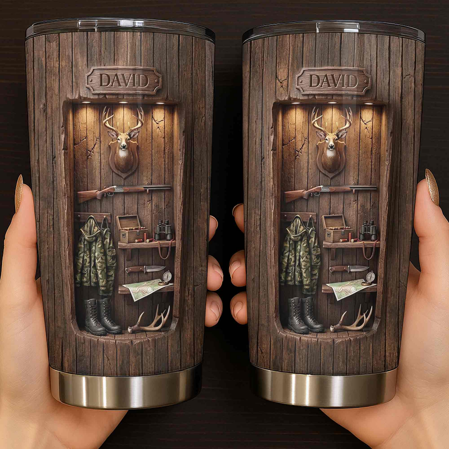 Personalized Hunting Tumbler - Custom Deer Wood Cabin Travel Tumbler